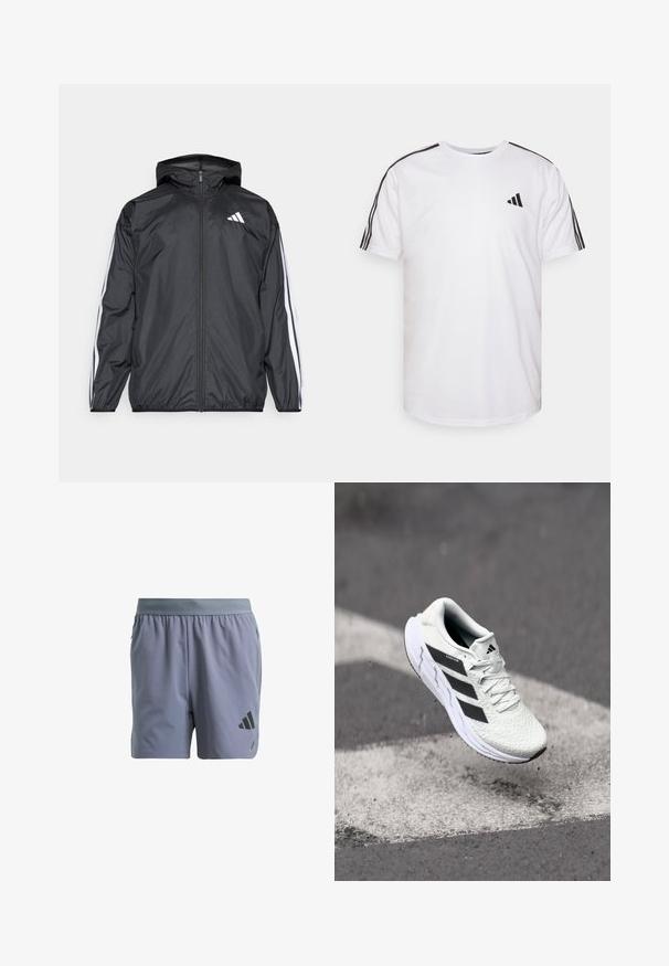 Crna jakna s kapuljačom, izrađena od glatkog, laganog materijala. Sadrži bijele pruge duž rukava i logo na prsima.; Bijela majica izrađena od pamuka, s okruglim izrezom, kratkim rukavima i crnim trostrukim detaljima na ramenima; sadrži mali crni logo.; Sivi atletski šortsevi s elastičnim pojasom, teksturirana tkanina, bočne džepove i crni logo na donjem lijevom dijelu noge.; Bjela atletska cipela s mrežastim gornjim dijelom s teksturom, crnim prugama, vezanjem na vezice i podstavljenim potplatom, lebdi iznad označene ceste.