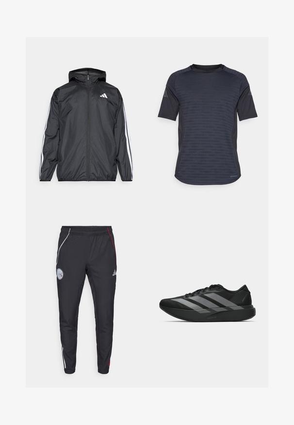 Schwarze Windjacke mit Kapuze, aus glattem, leichtem Material. Hat weiße Streifen entlang der Ärmel und ein Logo auf der Brust.; Kurzarm-Sportshirt in Dunkelgrau, mit strukturiertem Muster, feuchtigkeitsableitendem Stoff und Rundhals-Design.; Schwarze Sporthose mit schmalem Schnitt. Mit weißen und roten Seitenstreifen, einem elastischen Bund und einem gestickten Logo auf dem Oberschenkel.; Schwarze Sportschuhe mit einem leichten Design, ausgestattet mit drei auffälligen grauen Streifen, einer glatten Textur und einer konturierten Sohle.