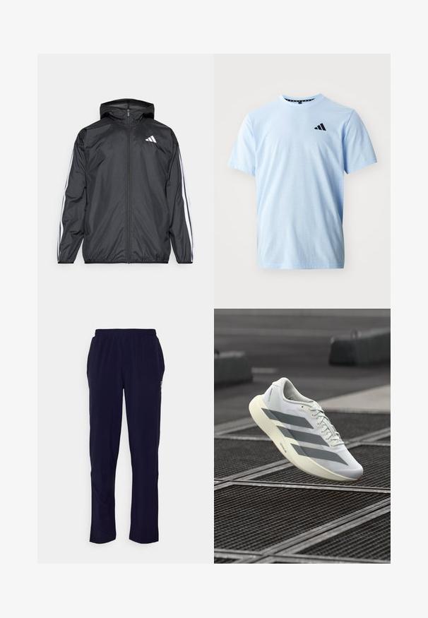 Casaco corta-vento preto com capuz, feito de material liso e leve. Apresenta riscas brancas ao longo das mangas e um logótipo no peito.; T-shirt de algodão azul claro com mangas curtas, gola redonda e detalhe do logótipo preto no peito. Textura suave e corte descontraído.; Calças de jogging leves, de cor azul-marinho, com um cós elástico, bolsos laterais e um detalhe de logotipo na perna esquerda. Textura suave e corte reto.; Sapatilha desportiva branca com parte superior em malha texturizada, apresentando riscas cinzentas e sola acolchoada. Design leve adequado para corrida.