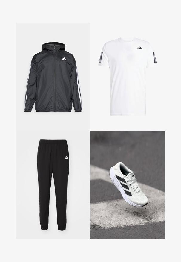 Juodas vėjaračius striukė su gobtuvu, pagaminta iš glotnaus, lengvo medžiagos. Turtingi balti dryžiai palei rankoves ir logotipas ant krūtinės.; Balta marškinėliai iš audinio, su trumpomis rankovėmis ir apvaliu kaklu, su trimis juodais įstrižais dryžiais ant kiekvienos rankovės. Subtilus logotipas krūtinės srityje.; Juodos sportinės kelnės su elastine juosta, sugriežtintais apatinių kraštų įsiuvais ir baltu Adidas logotipu kairiajame šlaunyje. Pagamintos iš lengvos, lygaus audinio.; Balti sportiniai batai su tekstūruota tinkleliu viršuje, juodomis juostelėmis, su raištelių uždarymu ir paminkštintu padu, kabo virš pažymėtos kelio dangos.