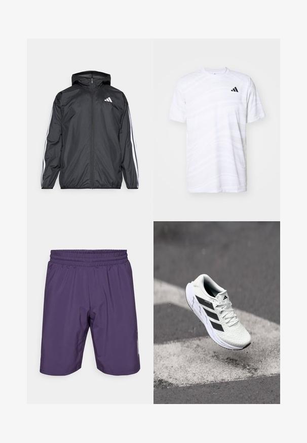 Schwarze Windjacke mit Kapuze, aus glattem, leichtem Material. Hat weiße Streifen entlang der Ärmel und ein Logo auf der Brust.; Weißes sportliches T-Shirt mit subtilen Wellenmustern, Rundhalsausschnitt, kurzen Ärmeln und einem schwarzen Dreistreifen-Logo auf der linken Brust.; Lila Sportshorts mit einem elastischen Bund, glatter Textur und seitlichen Akzenten. Sie haben eine mittellange Länge bis zum Oberschenkel und ein einfaches Design.; Weiße Sportschuh mit strukturiertem Mesh-Obermaterial, schwarzen Streifen, Schnürverschluss und gepolstertem Sohlen, schwebt über einer markierten Straßenoberfläche.