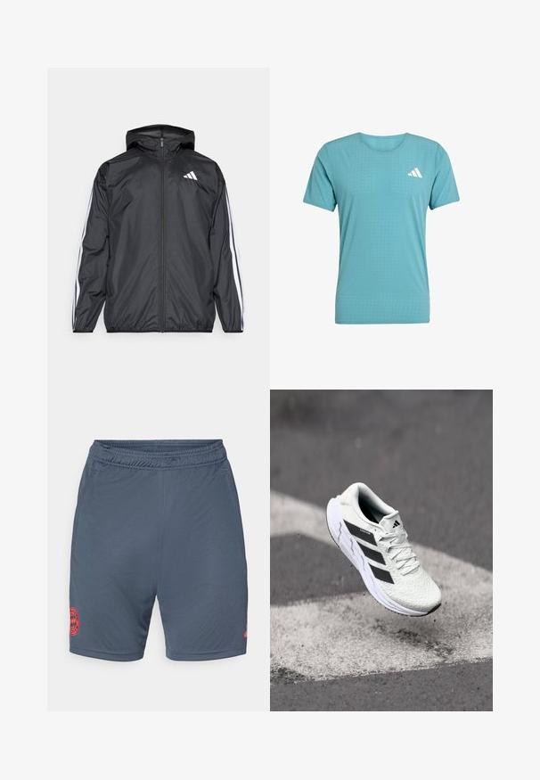 Čierna vetrovka s kapucňou, vyrobená z hladkého, ľahkého materiálu. Má biele pruhy pozdĺž rukávov a logo na hrudi.; Svetlo modré športové tričko s okrúhlym výstrihom, krátkymi rukávmi a jemným bodkovaným vzorom. Biela značka na hrudi.; Sivé futbalové šortky s elastickým pásom, s červeným vyšitým logom Bayernu Mníchov na dolnej ľavej strane. Hladká, ľahká tkanina.; Biele športové tenisky s textúrovaným sieťovaným zvrškom, čiernymi pruhmi, šnurovaním a polstrovanou podrážkou, levitujúce nad označeným povrchom cesty.