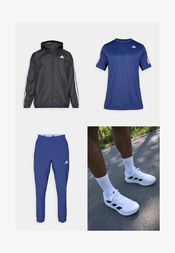 Čierna vetrovka s kapucňou, vyrobená z hladkého, ľahkého materiálu. Má biele pruhy pozdĺž rukávov a logo na hrudi.; Námornícky modrá športová košeľa s krátkym rukávom vyrobená z hladkej tkaniny, s okrúhlym výstrihom a bielym logom umiestneným na hornej ľavej strane hrude.; adidas Performance TECH APP - Tepláky - dark blue/glow blue; Biele atletické topánky s čiernymi akcentmi, sieťovaná horná časť a biele šnúrky. Nosené s bielymi rebrovanými ponožkami, umiestnené na betónovom povrchu.