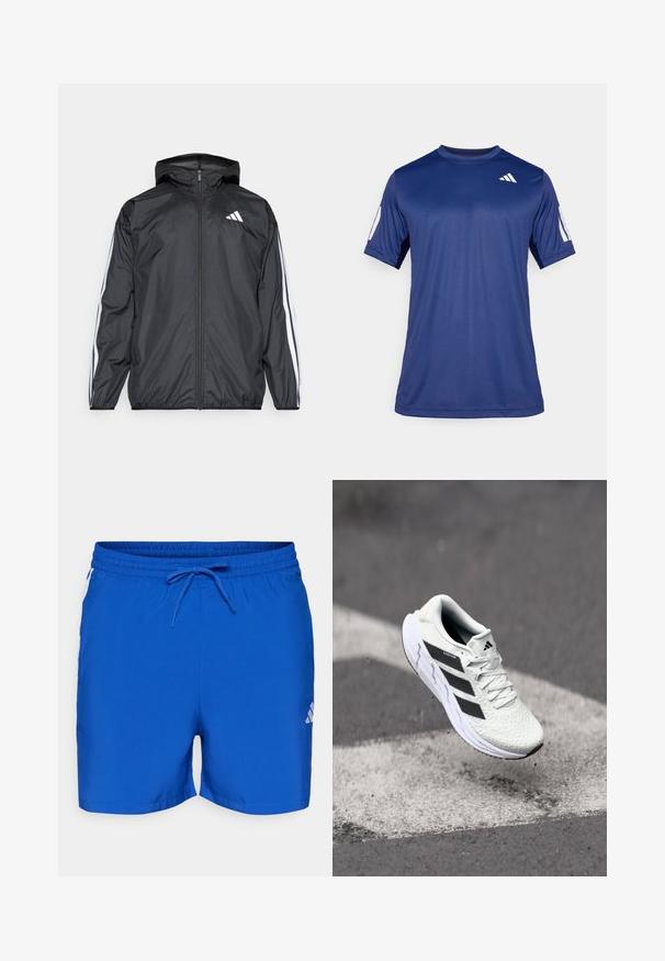 Melnā vēja izolācija jaka ar kapuci, izgatavota no gluda, viegla materiāla. Iekļautas baltas svītras gar piedurknēm un logo uz krūšu.; Navy zila īsām piedurknēm sporta krekls, kas izgatavots no gludas auduma, ar apaļu kakla izgriezumu un baltu logotipa detaļu kreisajā augšējā krūtīs.; Zili peldbikši ar elastīgu jostu un auklu, sānu baltas akcentu detaļas un logo uz apakšējās labās kājas daļas.; Baltas sporta apavs ar teksturētu sietu augšu, melnām svītrām, auklu aizdari un mīkstu zoli, kas levitē virs marķētas ceļa virsmas.