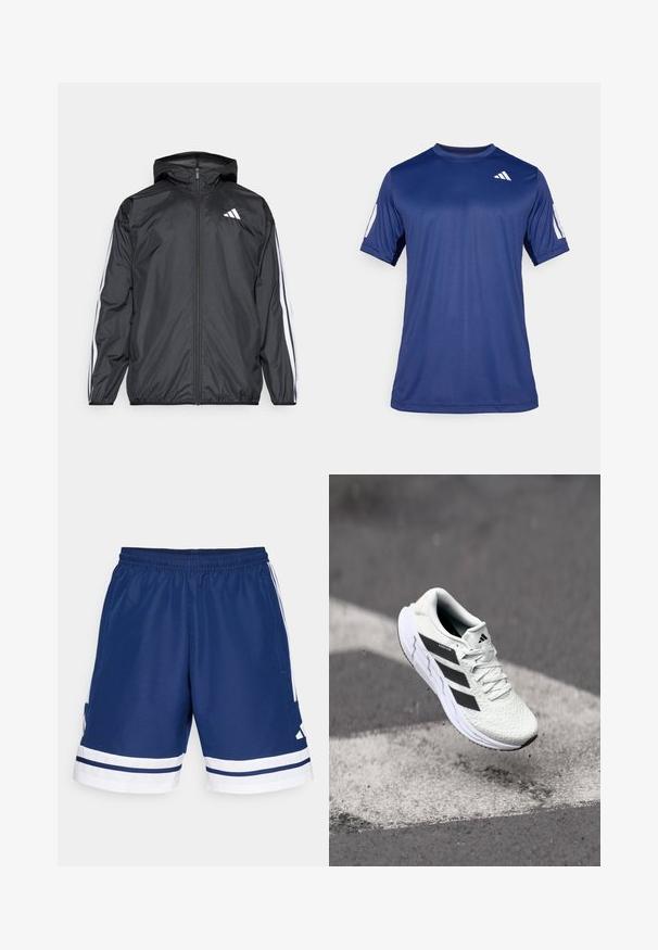 Fekete szélálló dzseki kapucnival, sima, könnyű anyagból. Fehér csíkokkal díszített az ujjak mentén és logóval a mellkason.; Tengerészkék, rövid ujjú, sportos póló sima anyagból, kerek nyakkivágással, a bal felső mellrészen fehér logó részlettel.; Sötétkék sport nadrág elasztikus derékpánttal, fehér kiegészítőkkel és oldalsó zsebekkel. A szegélyén fehér csíkok találhatók. Poliészterből készült.; Fehér sportcipő texturált hálós felsőrésszel, fekete csíkokkal, fűzős záródással és párnázott talppal, egy megjelölt útfelület felett lebeg.