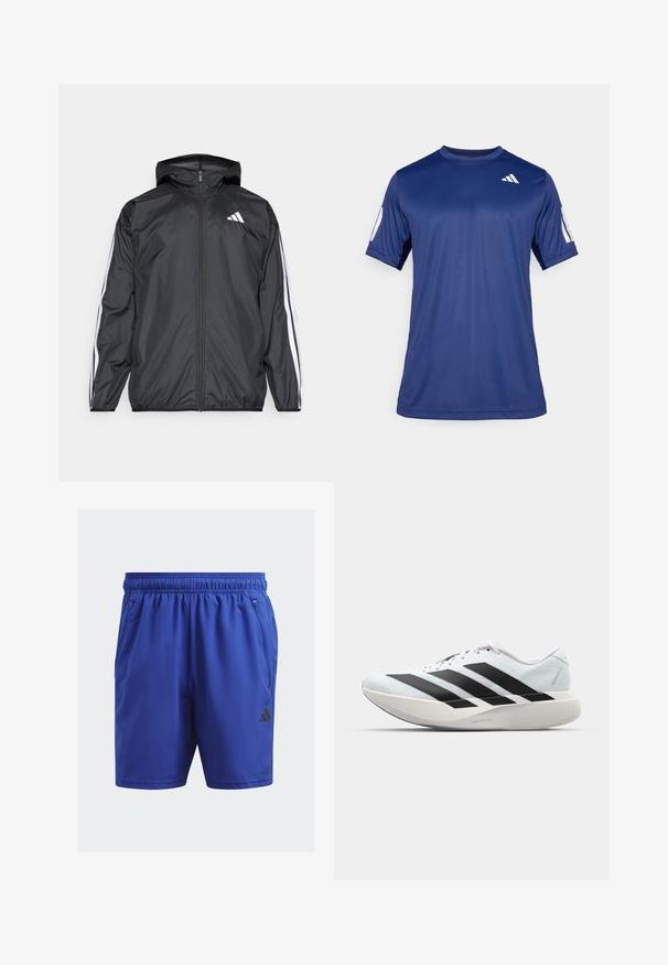 Svart vindjakke med hette, laget av glatt, lett materiale. Har hvite striper langs ermene og et logo på brystet.; Marineblå, kortermet treningstrøye laget av glatt stoff, med rund hals og en hvit logodetalj på øverste venstre bryst.; adidas Performance TR-ES WV SHO - Sports shorts - blue; Lette løpesko i lys blå med svarte striper. Har en myk overdel, rund tå og tykk hvit mellomsole merket "LIGHTSTRIKE PRO."