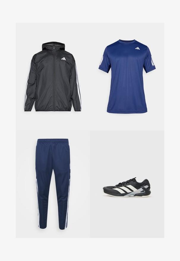 Zwarte windbreaker met capuchon, gemaakt van glad, lichtgewicht materiaal. Heeft witte strepen langs de mouwen en een logo op de borst.; Navyblauw sportshirt met korte mouwen, gemaakt van een gladde stof, met een ronde hals en een wit logodetail op de bovenste linkerborst.; Marineblauwe sportieve joggers met een rekbare tailleband, taps toelopende benen en witte zijstrepen. Gemaakt van een lichte, gladde stof.; Zwarte sportschoen met witte strepen, bovenwerk van mesh, ronde neus en geveerde zool. Heeft een getextureerde hak en een veilig vetersysteem.