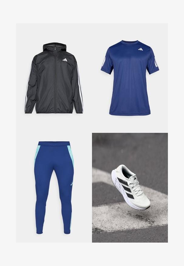 Crna jakna s kapuljačom, izrađena od glatkog, laganog materijala. Sadrži bijele pruge duž rukava i logo na prsima.; Temno plava kratka majica s kratkim rukavima za sport, izrađena od glatkog materijala, sa okruglim izrezom i bijelim logotipom na gornjem lijevom dijelu grudi.; Navy plave tajice za sport, izrađene od rastezljivog materijala, s svijetloplavim bočnim panelima i prilagođenim dizajnom sa uskim rubom oko gležnja.; Bjela atletska cipela s mrežastim gornjim dijelom s teksturom, crnim prugama, vezanjem na vezice i podstavljenim potplatom, lebdi iznad označene ceste.