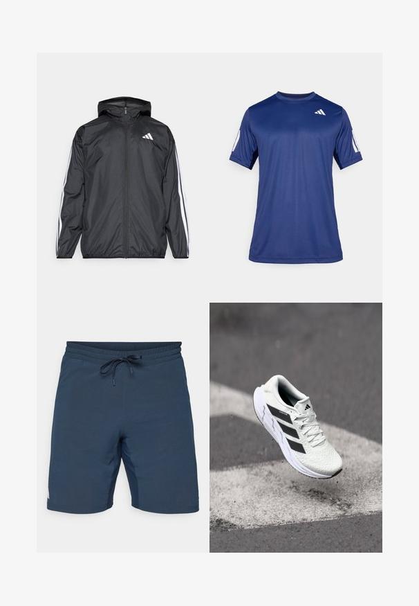 Melnā vēja izolācija jaka ar kapuci, izgatavota no gluda, viegla materiāla. Iekļautas baltas svītras gar piedurknēm un logo uz krūšu.; Navy zila īsām piedurknēm sporta krekls, kas izgatavots no gludas auduma, ar apaļu kakla izgriezumu un baltu logotipa detaļu kreisajā augšējā krūtīs.; adidas Performance TENNIS ERGO - Sporta šorti - aurora ink; Baltas sporta apavs ar teksturētu sietu augšu, melnām svītrām, auklu aizdari un mīkstu zoli, kas levitē virs marķētas ceļa virsmas.