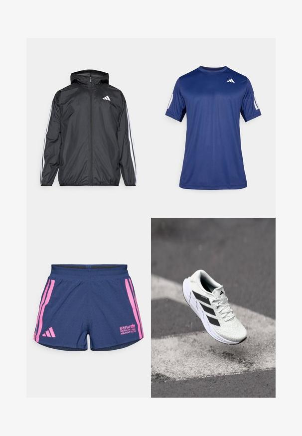 Zwarte windbreaker met capuchon, gemaakt van glad, lichtgewicht materiaal. Heeft witte strepen langs de mouwen en een logo op de borst.; Navyblauw sportshirt met korte mouwen, gemaakt van een gladde stof, met een ronde hals en een wit logodetail op de bovenste linkerborst.; adidas Performance BER25 SPLIT SHORT - Korte broeken - collegiate navy; Witte sportschoen met een textuur van mesh, zwarte strepen, vetersluiting en een gevoerde zool, zwevend boven een gemarkeerd wegoppervlak.