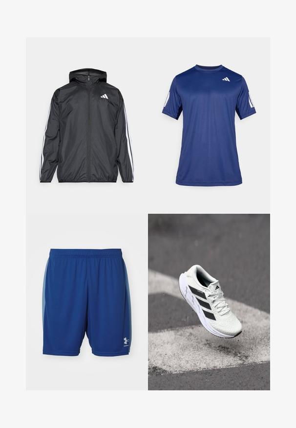 Crna jakna s kapuljačom, izrađena od glatkog, laganog materijala. Sadrži bijele pruge duž rukava i logo na prsima.; Temno plava kratka majica s kratkim rukavima za sport, izrađena od glatkog materijala, sa okruglim izrezom i bijelim logotipom na gornjem lijevom dijelu grudi.; Plave atletske kratke hlače od lagane tkanine, s elastičnom stražnjom trakom i malim logotipom na donjem desnom dijelu noge.; Bjela atletska cipela s mrežastim gornjim dijelom s teksturom, crnim prugama, vezanjem na vezice i podstavljenim potplatom, lebdi iznad označene ceste.