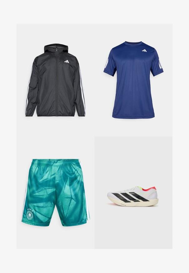 Crna jakna s kapuljačom, izrađena od glatkog, laganog materijala. Sadrži bijele pruge duž rukava i logo na prsima.; Temno plava kratka majica s kratkim rukavima za sport, izrađena od glatkog materijala, sa okruglim izrezom i bijelim logotipom na gornjem lijevom dijelu grudi.; Kratke hlače u tirkiznoj boji s teksturiranim, apstraktnim uzorkom. Imaju bijele bočne pruge i logo sa četiri zvjezdice na lijevoj nozi.; Bijela trkačka cipela s crnim prugama, neon zelenim naglascima i crvenim petom. Ima lagani dizajn i teksturiranu potplat za bolji grip.