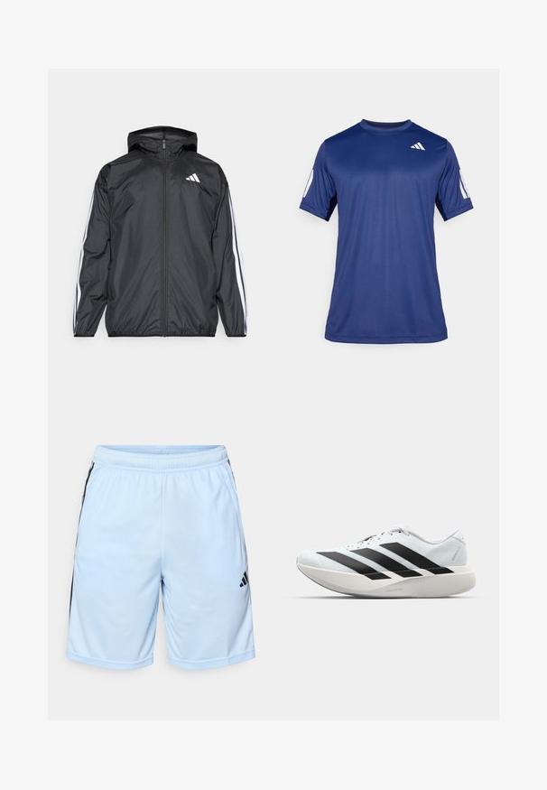 Casaco corta-vento preto com capuz, feito de material liso e leve. Apresenta riscas brancas ao longo das mangas e um logótipo no peito.; Camisola atlética de manga curta azul marinho, feita de tecido suave, com decote redondo e um detalhe do logótipo branco na parte superior esquerda do peito.; adidas Performance Calções desportivos - glow blue/black; Tênis de corrida leves em azul pálido com riscas pretas. Apresentam um cabedal liso, bico redondo e uma entressola espessa branca rotulada como "LIGHTSTRIKE PRO."