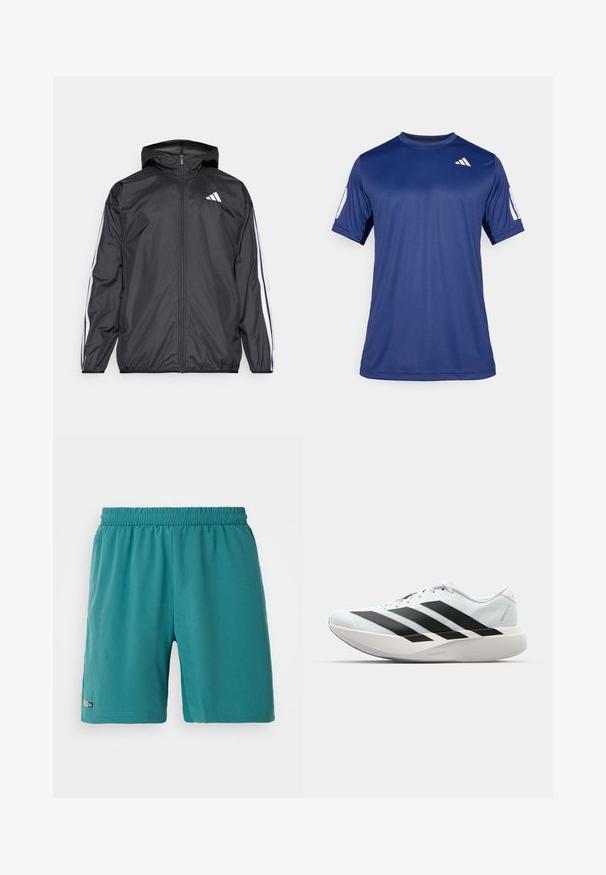 Črna vetrovka s kapuco, izdelana iz gladkega, lahkega materiala. Ima bele črte ob rokavih in logo na prsih.; Mornarsko modra kratka športna majica iz gladkega materiala, s krožnim ovratnikom in belim logotipom na zgornjem levem prsnem delu.; Zelene športne hlače z elastičnim pasom in majhno oznako "Climacool" blizu roba na levi nogi, prikazane na beli podlagi.; Lahki tekaški čevlji v svetlo modri barvi z belimi črtami. Imajo gladek zgornji del, okroglo kapico in debel bel srednji podplat z označbo "LIGHTSTRIKE PRO."