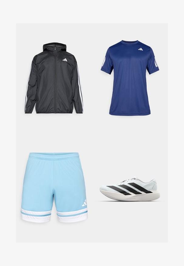 Black windbreaker jacket with a hood, made of smooth, lightweight material. Features white stripes along sleeves and a logo on the chest.; Navy blue short-sleeve athletic shirt made of smooth fabric, featuring a crew neck and a white logo detail on the upper left chest.; Light blue athletic shorts with an elastic waistband, featuring white stripes and accents. Adidas logo in white on the left side.; Lightweight running shoes in pale blue with black stripes. Features a smooth upper, round toe, and thick white midsole labeled "LIGHTSTRIKE PRO."