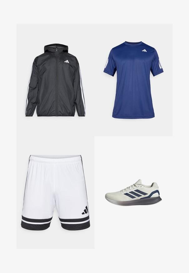 Zwarte windbreaker met capuchon, gemaakt van glad, lichtgewicht materiaal. Heeft witte strepen langs de mouwen en een logo op de borst.; Navyblauw sportshirt met korte mouwen, gemaakt van een gladde stof, met een ronde hals en een wit logodetail op de bovenste linkerborst.; Witte sportshorts met zwarte horizontale strepen aan de onderkant en een zwart Adidas-logo. Elastische tailleband voor een verstelbare pasvorm.; Lichtgrijze sportschoen met een getextureerde mesh bovenzijde, marineblauwe drie-strepenontwerp en een grijze rubberen zool met ergonomische vorm.