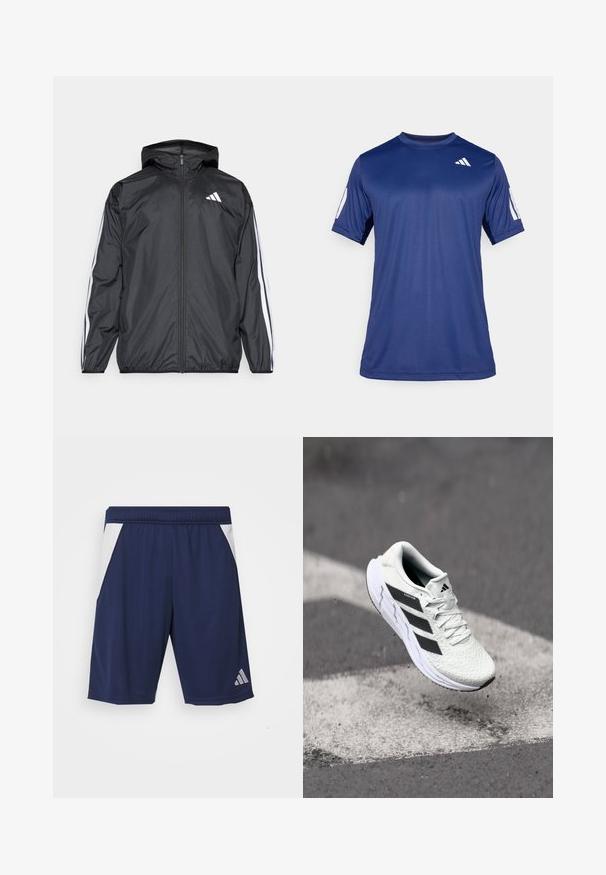 Black windbreaker jacket with a hood, made of smooth, lightweight material. Features white stripes along sleeves and a logo on the chest.; Navy blue short-sleeve athletic shirt made of smooth fabric, featuring a crew neck and a white logo detail on the upper left chest.; Navy athletic shorts made of smooth fabric. Features white side accents and an elastic waistband. Includes a silver logo on the left leg.; White athletic shoe with textured mesh upper, black stripes, lace closure, and a cushioned sole, levitating above a marked road surface.