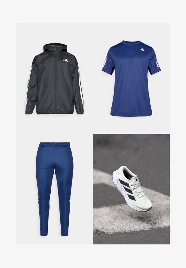 Jachetă neagră de vânt cu glugă, realizată dintr-un material neted și ușor. Prezintă dungi albe pe mâneci și un logo pe piept.; Cămașă sport cu mânecă scurtă de culoare albastră marină, fabricată dintr-un material neted, având guler rotund și un detaliu cu logo alb în partea superioară stângă a pieptului.; Pantaloni atletici bleumarin cu o textură netedă și elegantă, având dungi albe pe laterale, un elastic la talie și un design cu picior îngustat.; Adidași albi cu partea superioară din plasă texturată, dungi negre, închidere cu șireturi și talpă căptușită, levitând deasupra unei suprafețe de drum marcate.