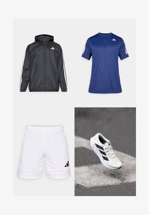Črna vetrovka s kapuco, izdelana iz gladkega, lahkega materiala. Ima bele črte ob rokavih in logo na prsih.; Mornarsko modra kratka športna majica iz gladkega materiala, s krožnim ovratnikom in belim logotipom na zgornjem levem prsnem delu.; Bele športne kratke hlače z elastičnim pasom, z zaščitnim črnim logotipom s tremi črtami in teksturirano tkanino, odrezane tik nad kolenom.; Bela atletska čevlja z teksturiranim mrežastim zgornjim delom, črnimi črtami, zavezovanjem na vezalke in oblazinjenim podplatom, lebdi nad označeno cesto.