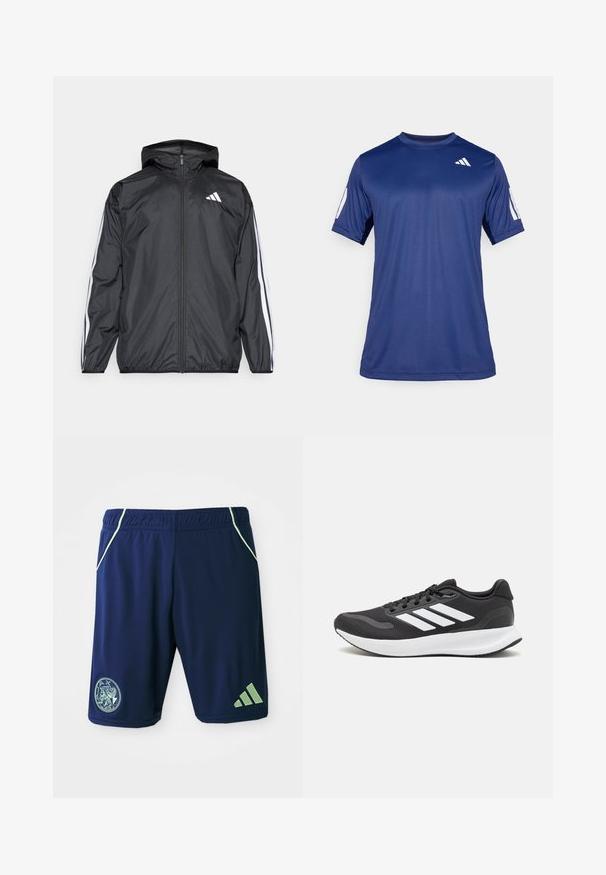 Melnā vēja izolācija jaka ar kapuci, izgatavota no gluda, viegla materiāla. Iekļautas baltas svītras gar piedurknēm un logo uz krūšu.; Navy zila īsām piedurknēm sporta krekls, kas izgatavots no gludas auduma, ar apaļu kakla izgriezumu un baltu logotipa detaļu kreisajā augšējā krūtīs.; Jūras spēku sporta šorti ar zaļām akcentiem, elastīgu jostu, sānu kabatām, logotipa uzšuvumu un trīs svītru dizainu uz apakšējās kājas.; Melnas sporta kurpes ar elpojošu acs augšu, baltām akcentiem un mīkstu zoli. Sānā ir trīs svītru logo.