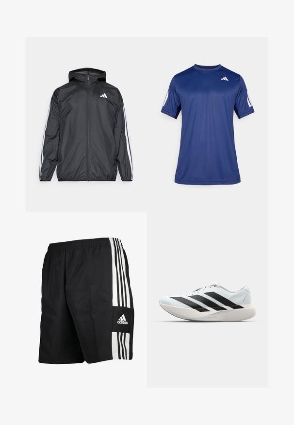 Melnā vēja izolācija jaka ar kapuci, izgatavota no gluda, viegla materiāla. Iekļautas baltas svītras gar piedurknēm un logo uz krūšu.; Navy zila īsām piedurknēm sporta krekls, kas izgatavots no gludas auduma, ar apaļu kakla izgriezumu un baltu logotipa detaļu kreisajā augšējā krūtīs.; Melni sporta šorti ar elastīgu jostasvietu, ar trim baltām vertikālām svītrām sānos un Adidas logo apakšējā kājas daļā.; Gaiši zili vieglie skriešanas apavi ar melniem svītrainiem. Iezīmēti ar gludu augšpusi, apaļu purngalu un biezāko balto vidējo zoli, kurā ir uzraksts "LIGHTSTRIKE PRO."