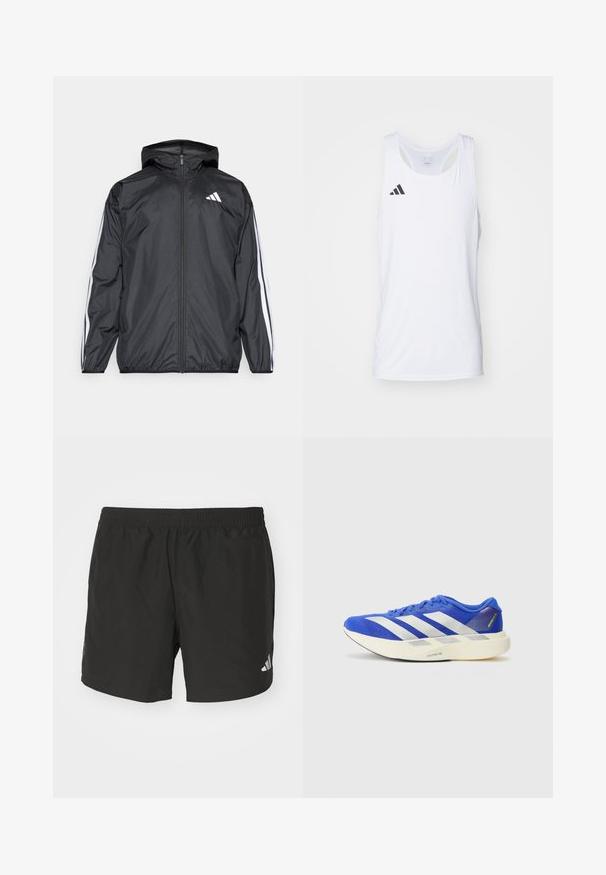 Black windbreaker jacket with a hood, made of smooth, lightweight material. Features white stripes along sleeves and a logo on the chest.; White sleeveless athletic tank top made of lightweight fabric, featuring black Adidas logo on the left chest and a scoop neckline.; Black athletic shorts with an elastic waistband, side slits, and reflective logo accents. Made of lightweight, smooth fabric.; Blue running shoe featuring a mesh upper, prominent white stripes, and a textured outsole. Accented with green and gray details.