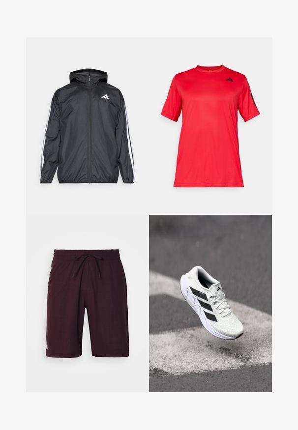 Veste coupe-vent noire avec capuche, en matériau lisse et léger. Présente des rayures blanches le long des manches et un logo sur la poitrine.; T-shirt de sport rouge à manches courtes avec un col rond, fabriqué en tissu léger et lisse ; présente un logo noir sur la poitrine et les manches.; Shorts bordeaux en tissu texturé, avec une taille élastique et un cordon de serrage, ainsi qu'un petit logo blanc en bas de l'ourlet.; Baskets de sport blanches avec un dessus en mesh texturé, des rayures noires, un laçage et une semelle rembourrée, lévitant au-dessus d'une surface de route marquée.