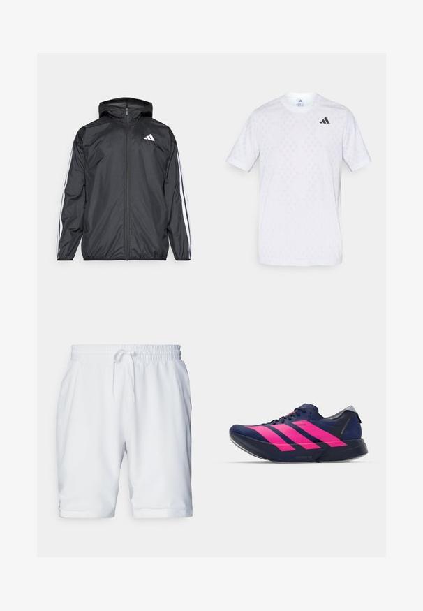 Črna vetrovka s kapuco, izdelana iz gladkega, lahkega materiala. Ima bele črte ob rokavih in logo na prsih.; Bela majica s kratkimi rokavi z diskretnim diamond vzorcem, izdelana iz lahkotnega blaga, z črnim adidas logotipom na prsih.; Beli športni kratki hlače z elastičnim pasom in prilagodljivo vrvico. Gladko blago z rahlo teksturo, z bočnimi žepi.; adidas Performance ADIZERO ADIOS PRO 4 - Tekaški copati za cesto - dark blue/shock pink/dash grey