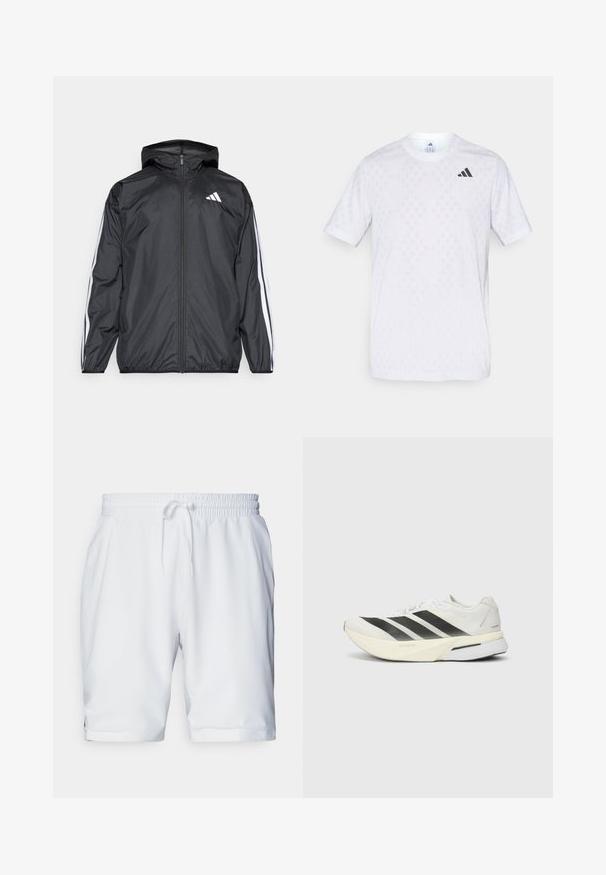 Čierna vetrovka s kapucňou, vyrobená z hladkého, ľahkého materiálu. Má biele pruhy pozdĺž rukávov a logo na hrudi.; Biele tričko s krátkym rukávom so jemným diamantovým vzorom, vyrobené z ľahkej tkaniny, s čiernym logom adidas na hrudi.; Biele športové šortky s elastickým pásom a nastaviteľnou šnúrkou. Hladká tkanina s jemnou textúrou, s bočnými vreckami.; Biele športové tenisky s čiernymi pruhmi, ľahký zvršok zo sieťoviny, zaoblená špička a odpružená podrážka s označením "Lightstrike Pro."