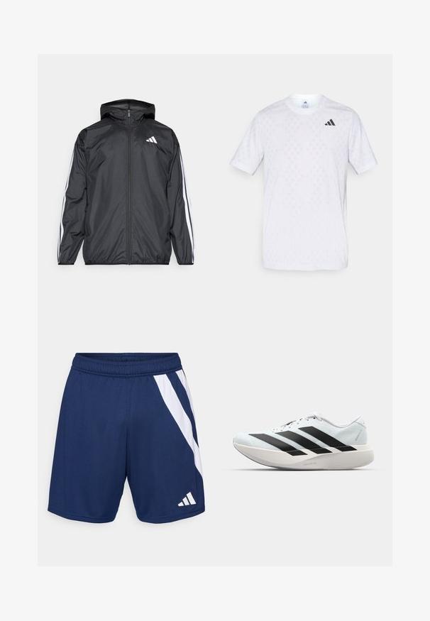 Black windbreaker jacket with a hood, made of smooth, lightweight material. Features white stripes along sleeves and a logo on the chest.; White short-sleeve t-shirt featuring a subtle diamond pattern, made from lightweight fabric, with a black adidas logo on the chest.; Navy blue athletic shorts with a white diagonal stripe design. Made of lightweight fabric, featuring an elastic waistband and logo detail.; Lightweight running shoes in pale blue with black stripes. Features a smooth upper, round toe, and thick white midsole labeled "LIGHTSTRIKE PRO."