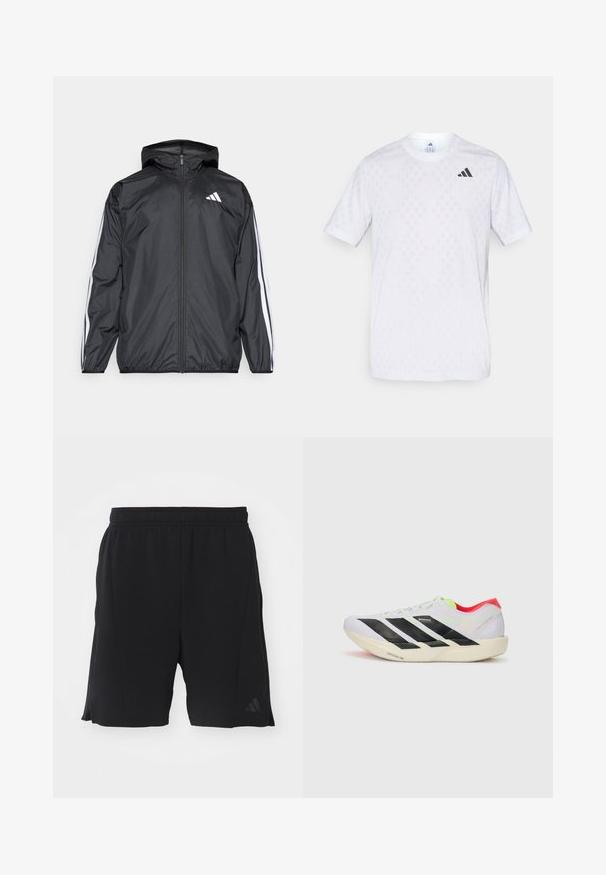 Veste coupe-vent noire avec capuche, en matériau lisse et léger. Présente des rayures blanches le long des manches et un logo sur la poitrine.; T-shirt blanc à manches courtes avec un motif diamante subtil, fabriqué à partir d'un tissu léger, avec un logo adidas noir sur la poitrine.; Shorts de sport noirs en tissu léger avec une taille élastique. Comprend des fentes sur les côtés et un accent logo subtil sur la jambe gauche.; Baskets de course blanches avec des rayures noires, des accents vert fluo et un talon rouge. Caractérisées par un design léger et une semelle texturée pour une meilleure adhérence.