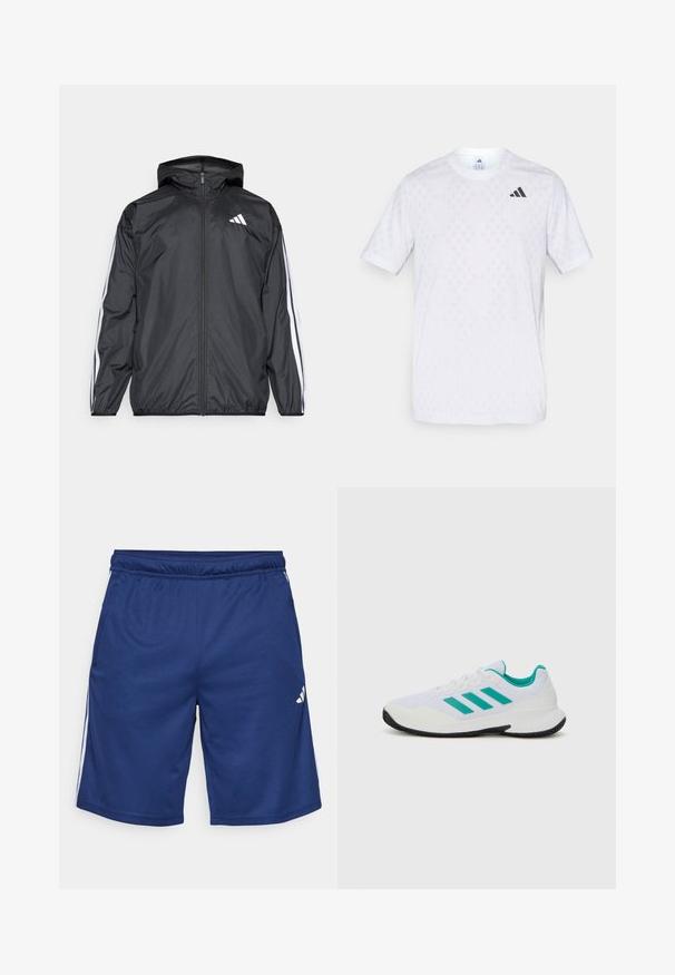 Schwarze Windjacke mit Kapuze, aus glattem, leichtem Material. Hat weiße Streifen entlang der Ärmel und ein Logo auf der Brust.; Weißes T-Shirt mit kurzen Ärmeln, das ein dezentes Diamantmuster aufweist, aus leichtem Stoff gefertigt, mit einem schwarzen adidas-Logo auf der Brust.; Blaue Sportshorts mit einem elastischen Bund, seitlichen Taschen und weißen Seitenstreifen. Hergestellt aus leichtem, atmungsaktivem Material.; Weißer Sportschuh mit türkisfarbenen Akzenten, Obermaterial aus Mesh, drei parallelen Streifen an der Seite, strukturiertem Fersenbereich und einer schwarzen Gummisohle.