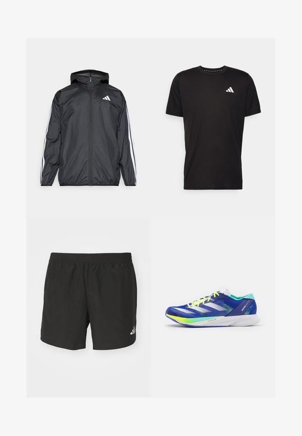 Jachetă neagră de vânt cu glugă, realizată dintr-un material neted și ușor. Prezintă dungi albe pe mâneci și un logo pe piept.; Tricou negru din bumbac, cu mâneci scurte, de tip crew neckline, cu un logo alb pe pieptul stâng. Textură netedă și design simplu.; Pantaloni scurți sport negri cu talie elastică, fante laterale și accente cu logo reflectorizant. Confectionați dintr-un material ușor, neted.; adidas Performance ADIZERO ADIOS 8 - Pantofi de alergare pe asfalt - lucid blue/zero metallic/lucid lemon