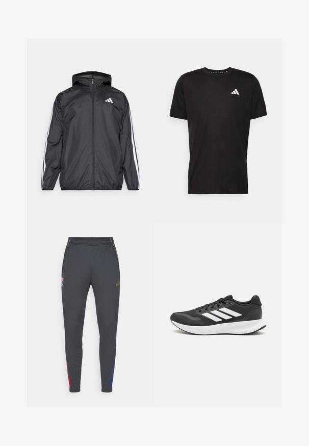 Černá větrovka s kapucí, vyrobená z hladkého, lehkého materiálu. Má bílé pruhy podél rukávů a logo na hrudi.; Černé bavlněné tričko s krátkým rukávem, kulatým výstřihem a bílým logem na levé hrudi. Hladká textura a jednoduchý design.; Šedé sportovní kalhoty s úzkým střihem, s červenými a modrými bočními detaily, elastickým pasem a vyšitým logem na přední části.; Černá sportovní obuv s prodyšným síťovaným svrškem, bílými akcenty a polstrovanou podrážkou. Na boku se nachází logo se třemi pruhy.