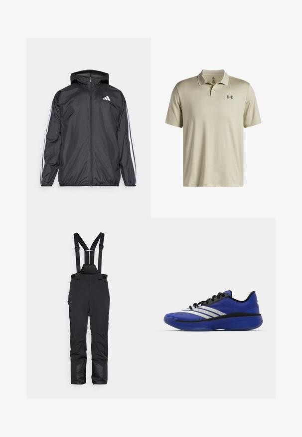 Čierna vetrovka s kapucňou, vyrobená z hladkého, ľahkého materiálu. Má biele pruhy pozdĺž rukávov a logo na hrudi.; Béžový polo tričko s krátkymi rukávmi, vyrobené z textúrovanej tkaniny. Obsahuje golier s tromi gombíkmi a šedé logo na ľavej strane hrudníka.; EA7 Emporio Armani KITZBUHEL PANT - Lyžiarske nohavice - black; adidas Performance ADIZERO SELECT 3.0 - Basketbalová obuv - lucid blue/core black/metallic