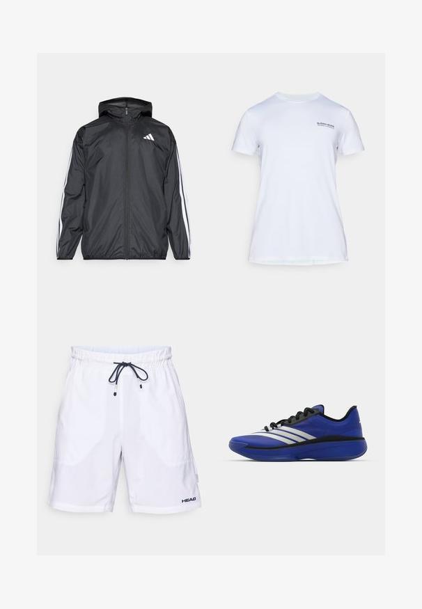 Schwarze Windjacke mit Kapuze, aus glattem, leichtem Material. Hat weiße Streifen entlang der Ärmel und ein Logo auf der Brust.; Weißes kurzärmliges Sport-T-Shirt mit dem Aufdruck "Björn Borg Training Club Monaco" auf der oberen linken Brust.; Weiße Badshorts mit einem Kordelzugbund und marineblauen Akzenten, ausgestattet mit Seitentaschen und einem Logo unten links. Leichtes Material.; adidas Performance ADIZERO SELECT 3.0 - Basketballschuh - lucid blue/core black/metallic