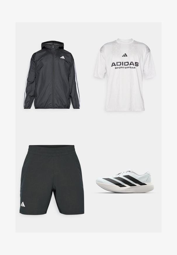 Chaqueta cortavientos negra con capucha, hecha de un material suave y ligero. Presenta rayas blancas a lo largo de las mangas y un logo en el pecho.; adidas Sportswear TIRO TEE - Camiseta estampada - grey one/black; Bermudas deportivas negras con un patrón texturizado, cinturilla elástica y bolsillos laterales. Presenta un logo blanco en el lado inferior izquierdo.; Zapatillas de running ligeras en azul pálido con rayas negras. Presentan una parte superior suave, puntera redonda y una gruesa mediasuela blanca etiquetada como "LIGHTSTRIKE PRO".