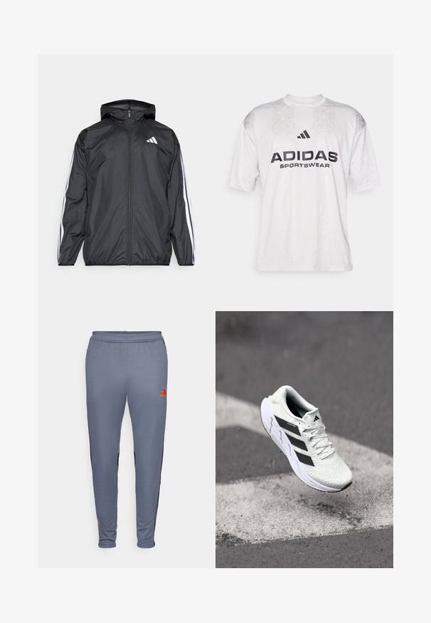 Fekete szélálló dzseki kapucnival, sima, könnyű anyagból. Fehér csíkokkal díszített az ujjak mentén és logóval a mellkason.; adidas Sportswear TIRO TEE - Nyomott mintás póló - grey one/black; Szürke sportnadrág, szűkített szabással, fekete oldalsó panelokkal és narancssárga Adidas logóval a jobb lábszáron. Puha, rugalmas anyag.; Fehér sportcipő texturált hálós felsőrésszel, fekete csíkokkal, fűzős záródással és párnázott talppal, egy megjelölt útfelület felett lebeg.