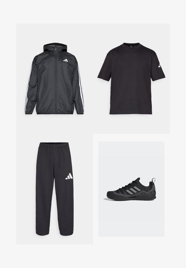 Schwarze Windjacke mit Kapuze, aus glattem, leichtem Material. Hat weiße Streifen entlang der Ärmel und ein Logo auf der Brust.; Schwarzes T-Shirt mit kurzen Ärmeln aus weicher Baumwolle. Verfügt über einen Rundhalsausschnitt und ein kleines weißes dreieckiges Logo auf dem linken Ärmel.; Schwarze Jogginghose mit entspannter Passform, ausgestattet mit einem elastischen Bund und einem weißen geometrischen Logo am linken Bein. Glatte Stoffoberfläche.; Schwarze Sport Schuhe mit einem Mesh-Obermaterial, gummiisiertem Zehenschutz, grauen Adidas-Streifen und strukturierter Sohle für verbesserten Grip.