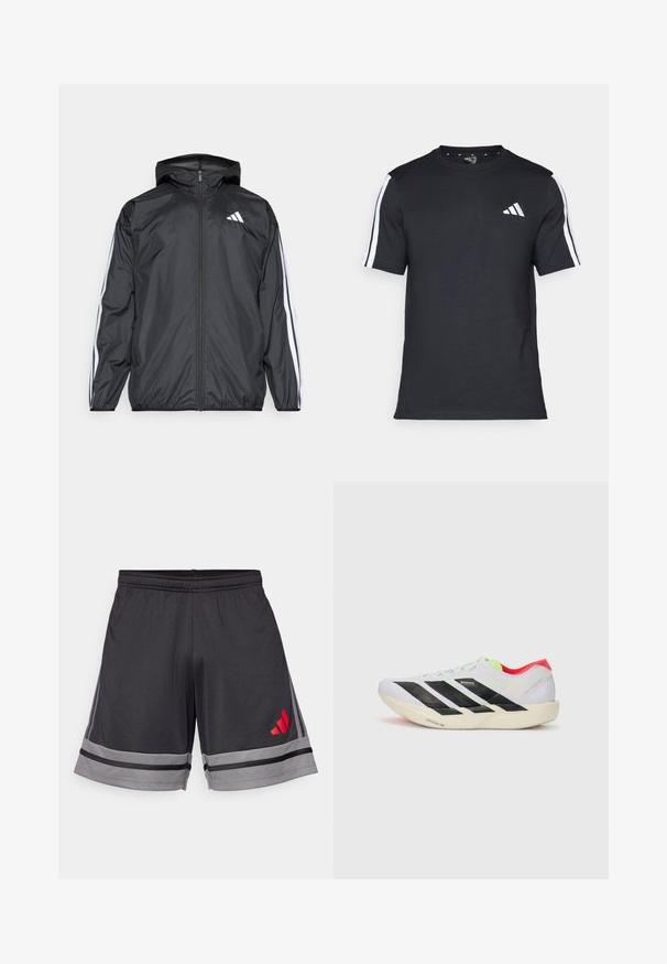 Čierna vetrovka s kapucňou, vyrobená z hladkého, ľahkého materiálu. Má biele pruhy pozdĺž rukávov a logo na hrudi.; Čierne tričko z bavlny s krátkymi rukávmi, s bielymi pruhmi na pleciach a bielym logom na ľavej hrudi.; Čierne športové šortky vyrobené z ľahkej tkaniny, s šedým prúžkom na leme a červeným logom na ľavom stehne. Elastický pás.; Biele behacie topánky s čiernymi pruhmi, neonovo zelenými akcentmi a červeným podpätkom. Majú ľahkú konštrukciu a textúrovanú podrážku pre lepšiu trakciu.