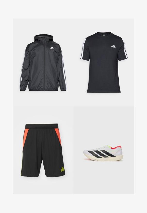 Casaco corta-vento preto com capuz, feito de material liso e leve. Apresenta riscas brancas ao longo das mangas e um logótipo no peito.; T-shirt preto feito de algodão, com mangas curtas, apresentando riscas brancas nos ombros e um logótipo branco no lado esquerdo do peito.; Calções atléticos pretos em poliéster com painéis laterais laranja e verde limão, uma cintura elástica e um logótipo verde perto da bainha.; Sapatilha de corrida branca com riscas pretas, detalhes em verde neón e um calcanhar vermelho. Apresenta um design leve e uma sola texturizada para melhor aderência.