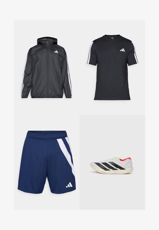 Svart vindjakke med hette, laget av glatt, lett materiale. Har hvite striper langs ermene og et logo på brystet.; Svart T-skjorte laget av bomull med korte ermer, med hvite striper på skuldrene og en hvit logo på venstre bryst.; Marineblå sportsshorts med hvit skråstripe-design. Laget av lett materiale, med elastisk midjebånd og logodetalj.; Hvite joggesko med svarte striper, neongrønne detaljer og rød hæl. Har et lett design og teksturert såle for grep.