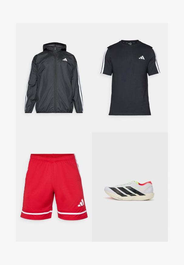 Juodas vėjaračius striukė su gobtuvu, pagaminta iš glotnaus, lengvo medžiagos. Turtingi balti dryžiai palei rankoves ir logotipas ant krūtinės.; Juodas medvilninis marškinėlis trumpomis rankovėmis, su baltais dryžiais ant pečių ir baltu logo kairiajame krūtinėje.; Raudoni sportiniai šortai, pagaminti iš lengvos medžiagos, su baltais horizontaliais dryžiais ant apatinio krašto ir baltu logotipu ant kairiojo šlaunies.; Baltos bėgimo bateliai su juodomis juostelėmis, neoninių žalių akcentų ir raudonu kulnu. Jie pasižymi lengvu dizainu ir tekstūruotu padu, kuris suteikia sukibimą.