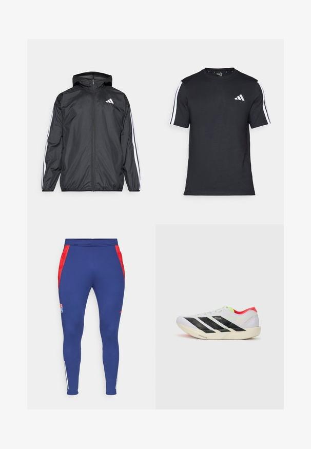 Schwarze Windjacke mit Kapuze, aus glattem, leichtem Material. Hat weiße Streifen entlang der Ärmel und ein Logo auf der Brust.; Schwarzes T-Shirt aus Baumwolle mit kurzen Ärmeln, ausgestattet mit weißen Streifen auf den Schultern und einem weißen Logo auf der linken Brust.; Navy Sporthosen mit roten Seitenstreifen, einem Logo am Oberschenkel und weißen Streifen an den Knöcheln. Aus einem dehnbaren, glatten Stoff gefertigt.; Weißer Sportschuh mit schwarzen Streifen, neongrünen Akzenten und einer roten Ferse. Hat ein leichtes Design und eine strukturierte Sohle für besseren Grip.