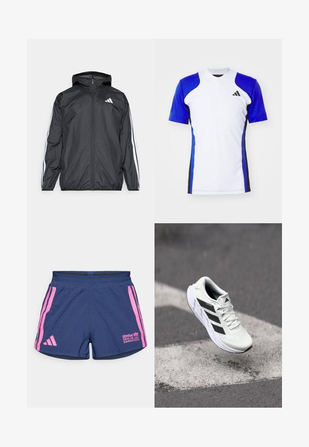 Czarna kurtka typu windbreaker z kapturem, wykonana z gładkiego, lekkiego materiału. Posiada białe paski wzdłuż rękawów oraz logo na piersi.; Koszulka sportowa z krótkim rękawem w kolorze białym z niebieskimi rękawami, z czarnymi akcentami po bokach i małym czarnym logo na piersi. Gładkie wykończenie materiału.; adidas Performance BER25 granatowy; Białe buty sportowe z teksturowaną siateczką, czarnymi paskami, z zapięciem na sznurowadła i wyściełaną podeszwą, unoszące się nad oznaczoną nawierzchnią drogi.