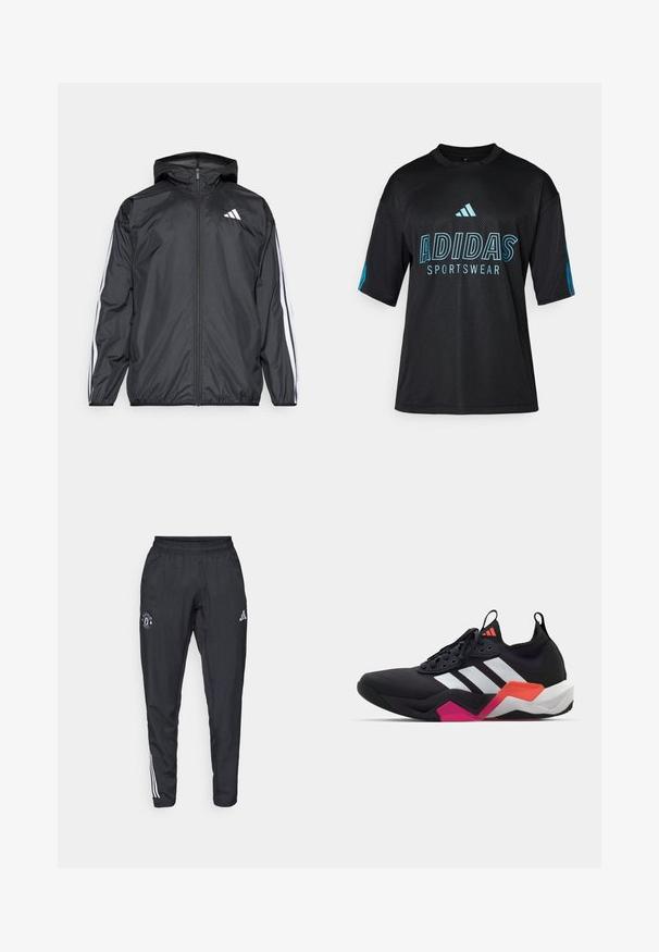 Crna jakna s kapuljačom, izrađena od glatkog, laganog materijala. Sadrži bijele pruge duž rukava i logo na prsima.; Crna Adidas sportska majica s mrežastom teksturom, kratkim rukavima, okruglim ovratnikom i plavim logotipom te natpisima na prednjem dijelu i rukavima.; Crne atletske hlače s elastičnim pojasom, izvezenim logotipom na butini i bijelim trakama koje se protežu duž bočnih strana.; Crne atletske tenisice s bijelim prugama, teksturiranim gornjim dijelom i debelim potplatom s narančastim, ružičastim i bijelim detaljima. Dizajn s vezicama i trakom za povlačenje.