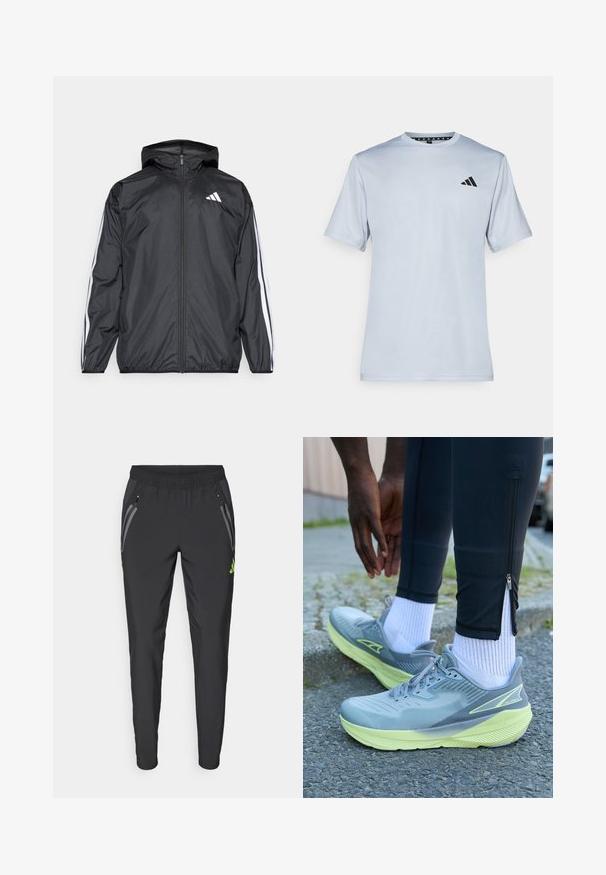 Juodas vėjaračius striukė su gobtuvu, pagaminta iš glotnaus, lengvo medžiagos. Turtingi balti dryžiai palei rankoves ir logotipas ant krūtinės.; adidas Performance Sportiniai marškinėliai trumpomis rankovėmis - halo silver-coloured/black; adidas Performance REAL MADRID TIRO25 PRO VIS TECH TRAVEL PANT - Sporto klubų atributika - black/lucid lemon; Altra EXPERIENCE FLOW - Bėgimo batai plentui - gray/green