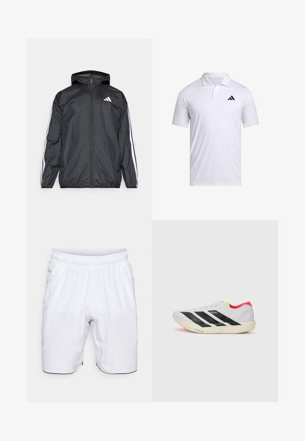 Fekete szélálló dzseki kapucnival, sima, könnyű anyagból. Fehér csíkokkal díszített az ujjak mentén és logóval a mellkason.; Fehér póló, lélegző anyagból készült, galléros, rövid ujjal, fekete Adidas logóval a bal mellen.; Fehér sportnadrág könnyű anyagból. Rugalmas derékkal és oldalsó zsebekkel rendelkezik, az alsó részén fekete kontrasztos bimmel.; Fehér futócipő fekete csíkokkal, neon zöld részletekkel és piros sarokkal. Könnyű dizájnnal és texturált talppal rendelkezik a tapadás érdekében.