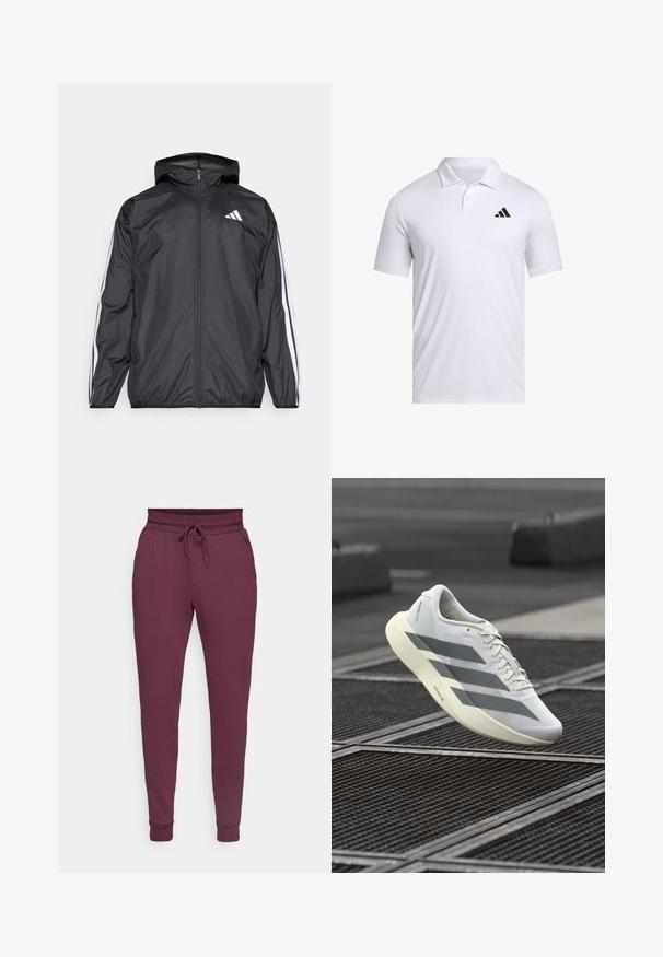 Mustakainen tuulitakki, jossa on huppu, valmistettu sileästä ja kevyestä materiaalista. Tässä takissa on valkoiset raidat hihoissa ja logo rinnassa.; Valkoinen polo-paita, joka on valmistettu hengittävästä kankaasta, kauluksella, lyhyillä hihoilla ja mustalla Adidas-logolla vasemmassa rinnassa.; Burgundy jogging-housut, jotka on valmistettu puuvillasekoitteesta, varustettu nyörinvetoisella vyöllä, kahdella sivutaskulla ja joustocabellaan nilkoissa.; Valkoinen urheilukenkä, jossa on teksturoitu verkkokangas päällinen, harmaat raidat ja pehmustettu pohja. Kevyt muotoilu, joka sopii juoksuun.