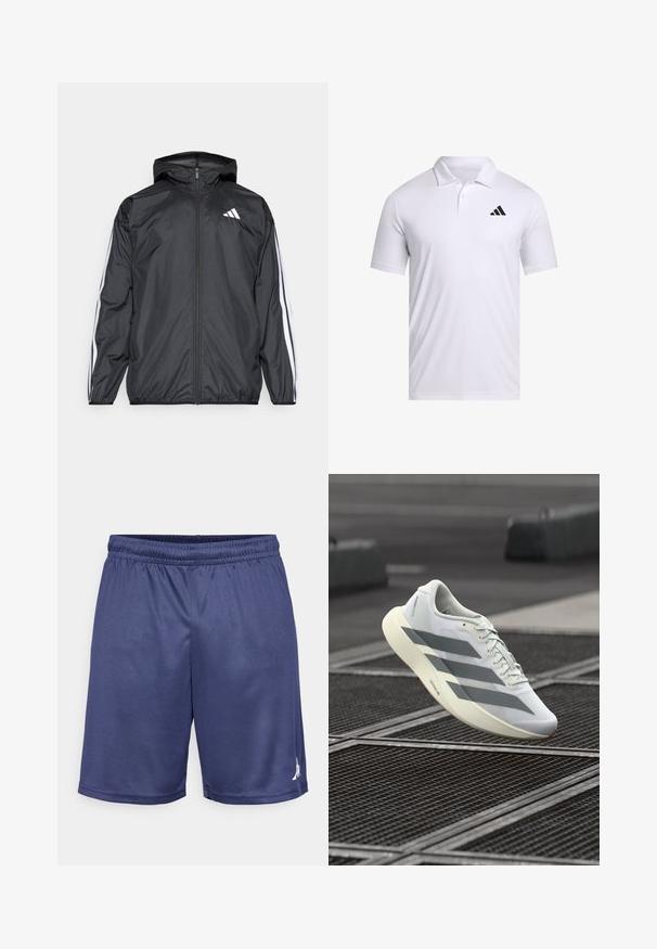 Melnā vēja izolācija jaka ar kapuci, izgatavota no gluda, viegla materiāla. Iekļautas baltas svītras gar piedurknēm un logo uz krūšu.; Balts polo krekls, kas izgatavots no elpojoša materiāla, ar apkakli, īsām piedurknēm un melnu Adidas logo kreisajā krūtī.; Jūras zilas sporta šortas, kas izgatavotas no mitrumu atslogojoša materiāla, ar elastīgu jostu un mazu logo apakšējā pusē.; Balts sporta apavs ar teksturētu sieta augšdaļu, pelēkām svītrām un mīkstinātu zolīti. Viegls dizains, piemērots skriešanai.